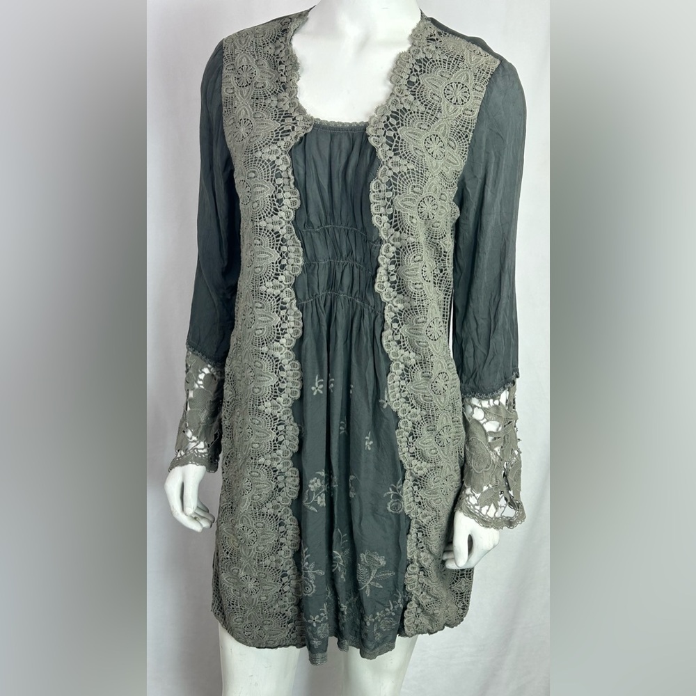 Johnny Was Gray Lace Embroidered Long Sleeve Tunic Dress